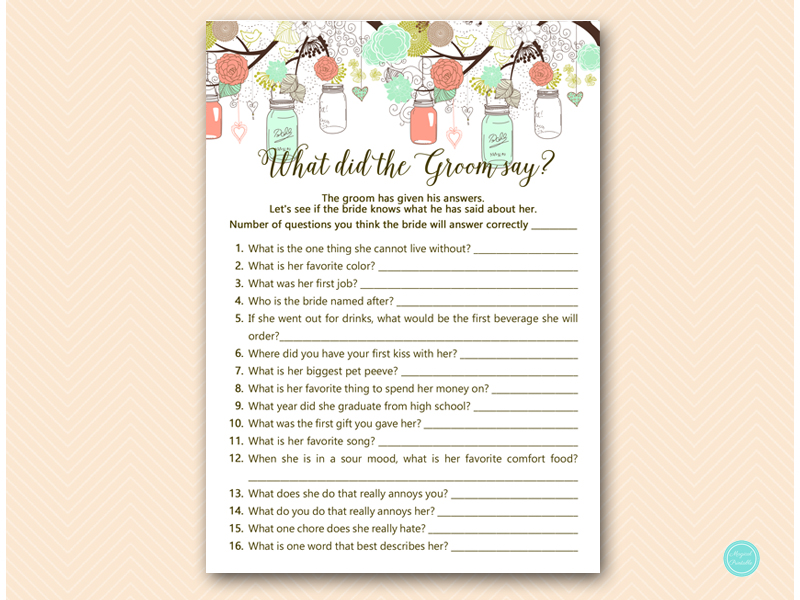 Mint & Coral Mason Jars Bridal Shower Games - Magical Printable