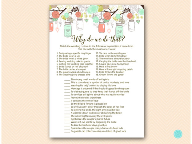 Mint & Coral Mason Jars Bridal Shower Games - Magical Printable