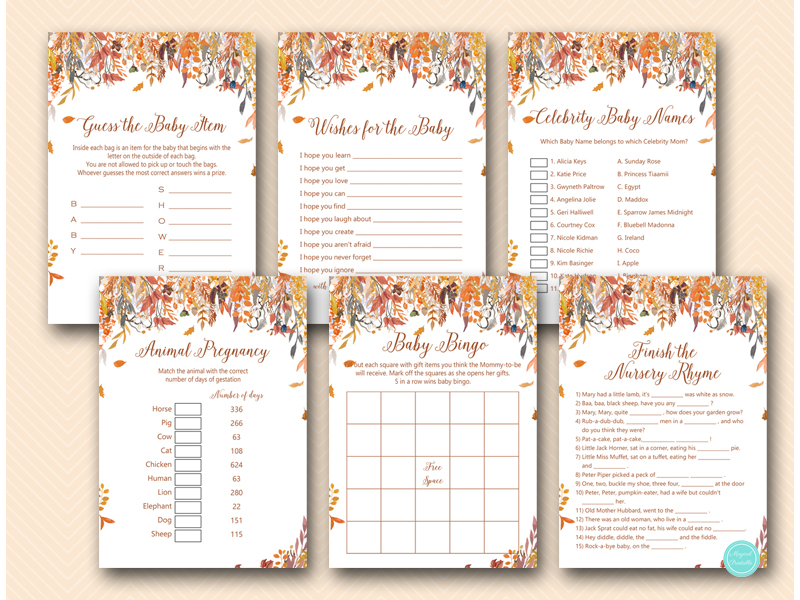 Autumn Fall Baby Shower Game Package - Magical Printable