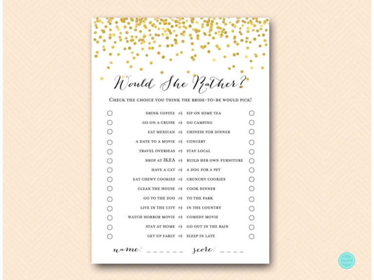 Gold Would they/She rather bridal shower game - Magical Printable