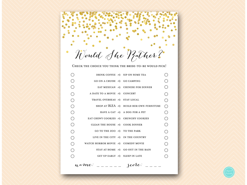 Gold Would they/She rather bridal shower game - Magical Printable