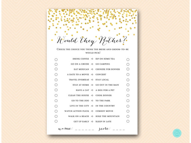 Gold Would they/She rather bridal shower game - Magical Printable