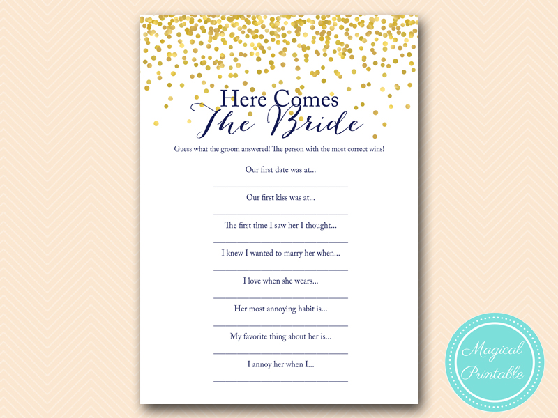 Navy Blue & Gold Bridal Shower Games - Magical Printable