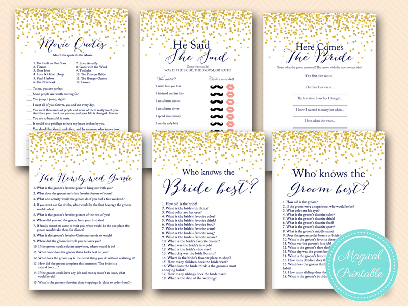 Navy Blue & Gold Bridal Shower Games - Magical Printable