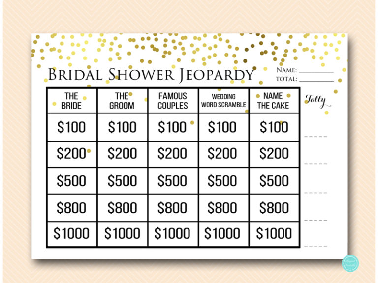 Gold Confetti Jeopardy Bridal Shower Magical Printable